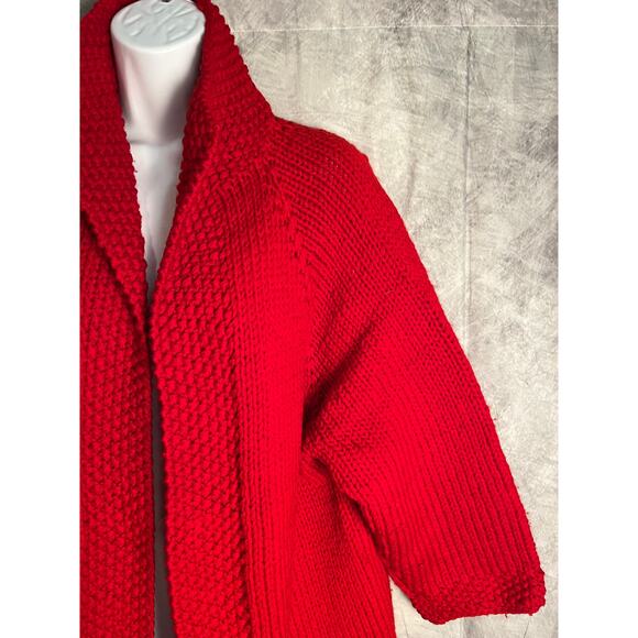 Hand-Crocheted Heavy Knit Red Cardigan Coat Open Front, Handmade, One-of-a-Kind - Picture 2 of 7
